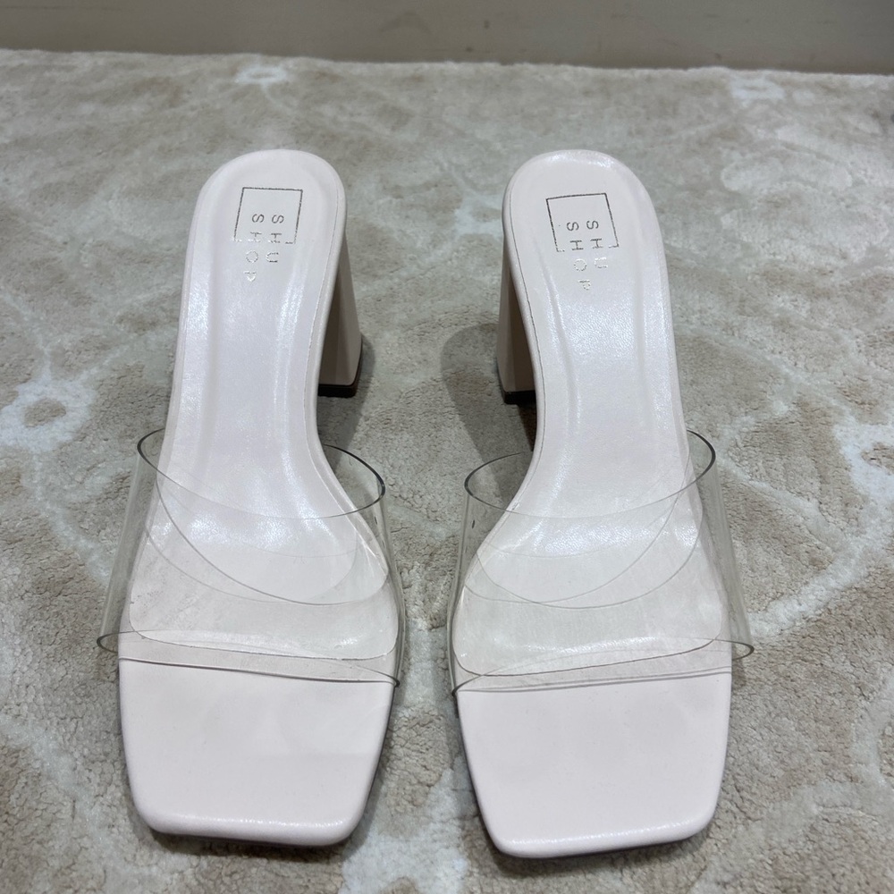 Shu Shop Women's Cream off white bone clear transparent heeled Sandals